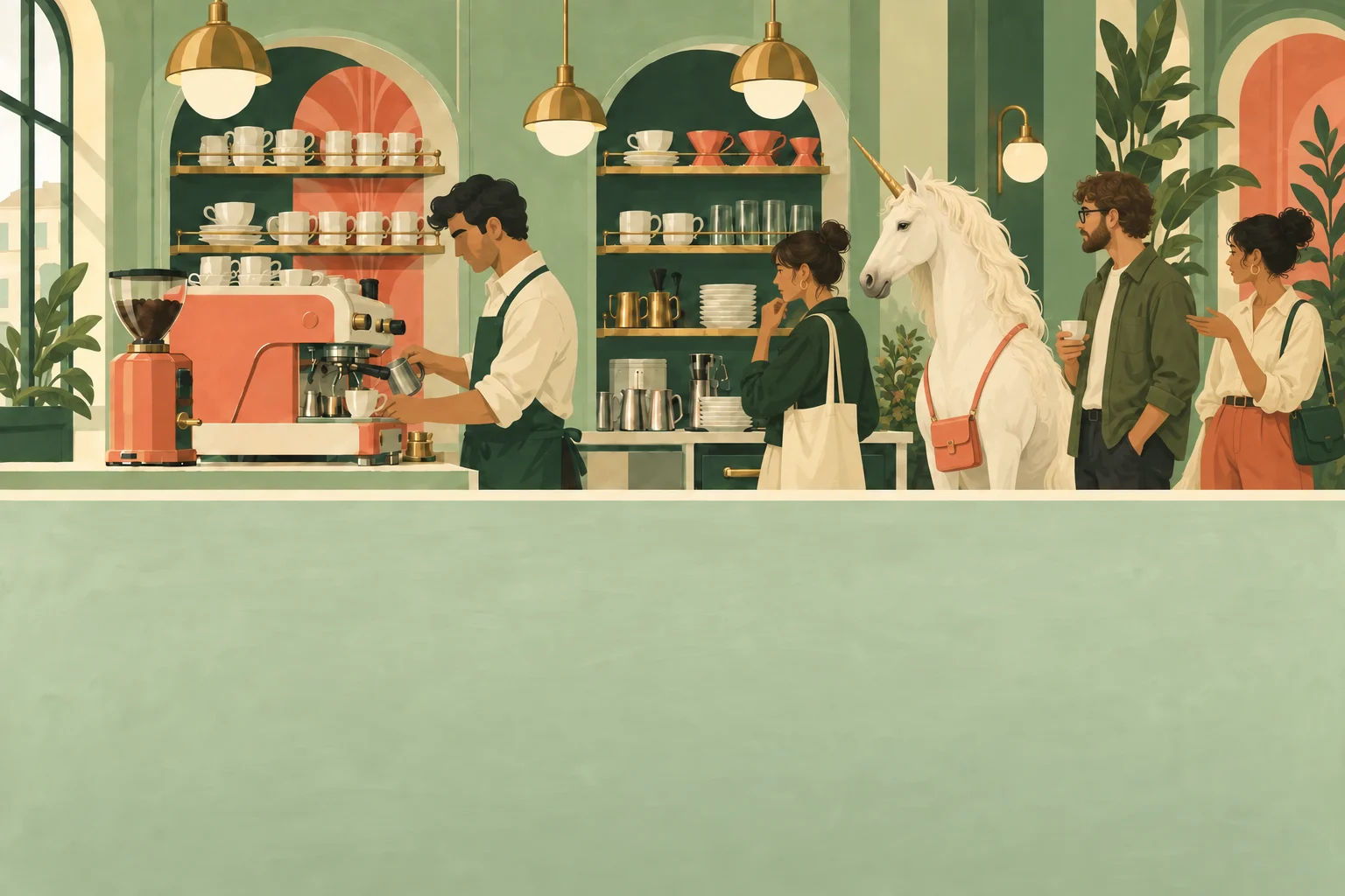 A playful line of café regulars, including a unicorn, waiting for coffee