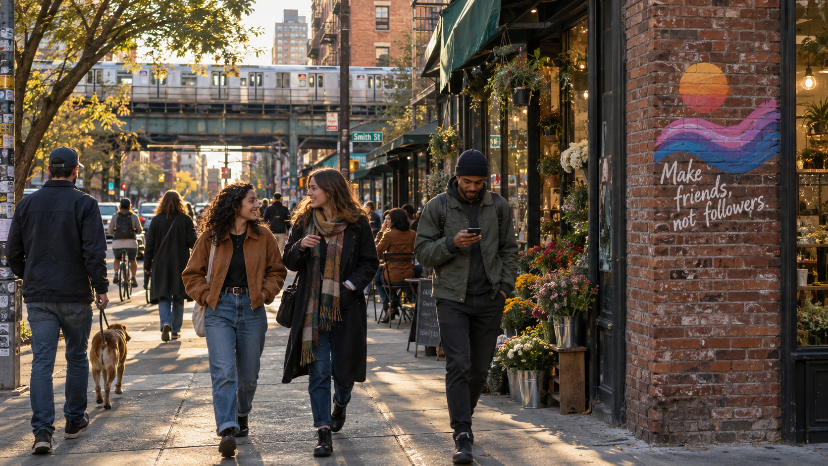Friends chatting on a lively sidewalk beside flower shops and an elevated train, with a small sunset mural and Make friends, not followers painted on a narrow brick storefront.