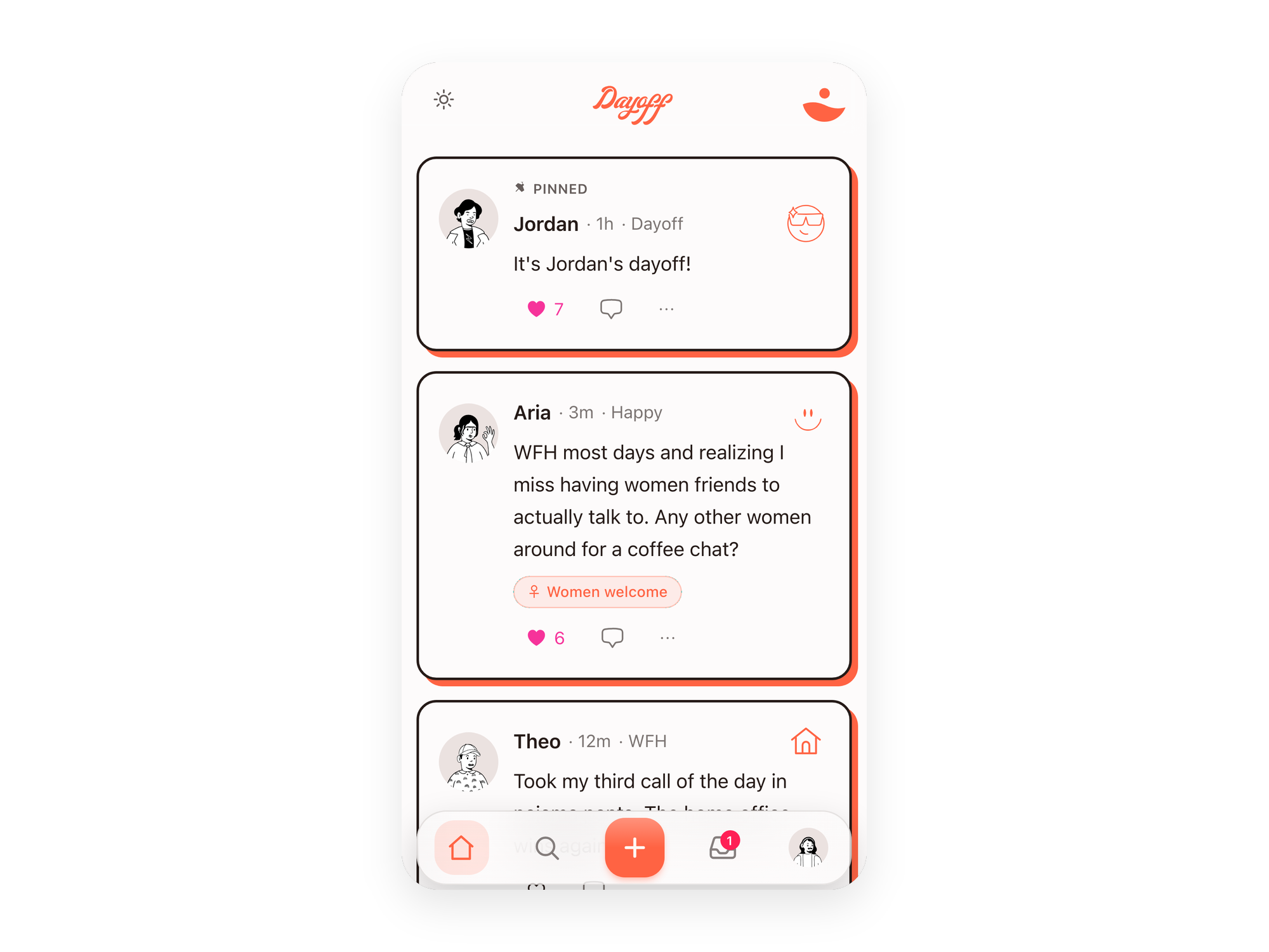 The Dayoff feed — get found by people who actually want to talk