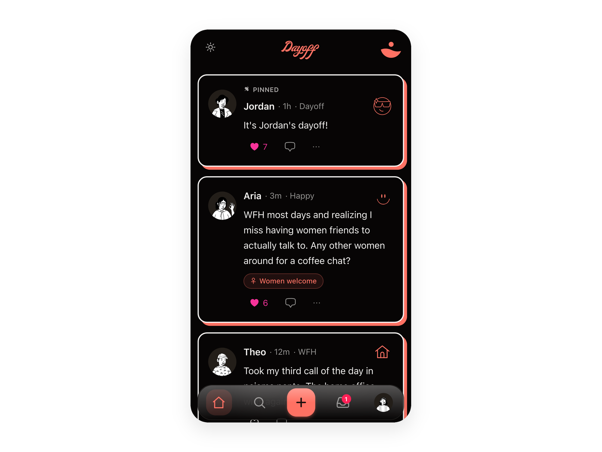 The Dayoff feed — get found by people who actually want to talk