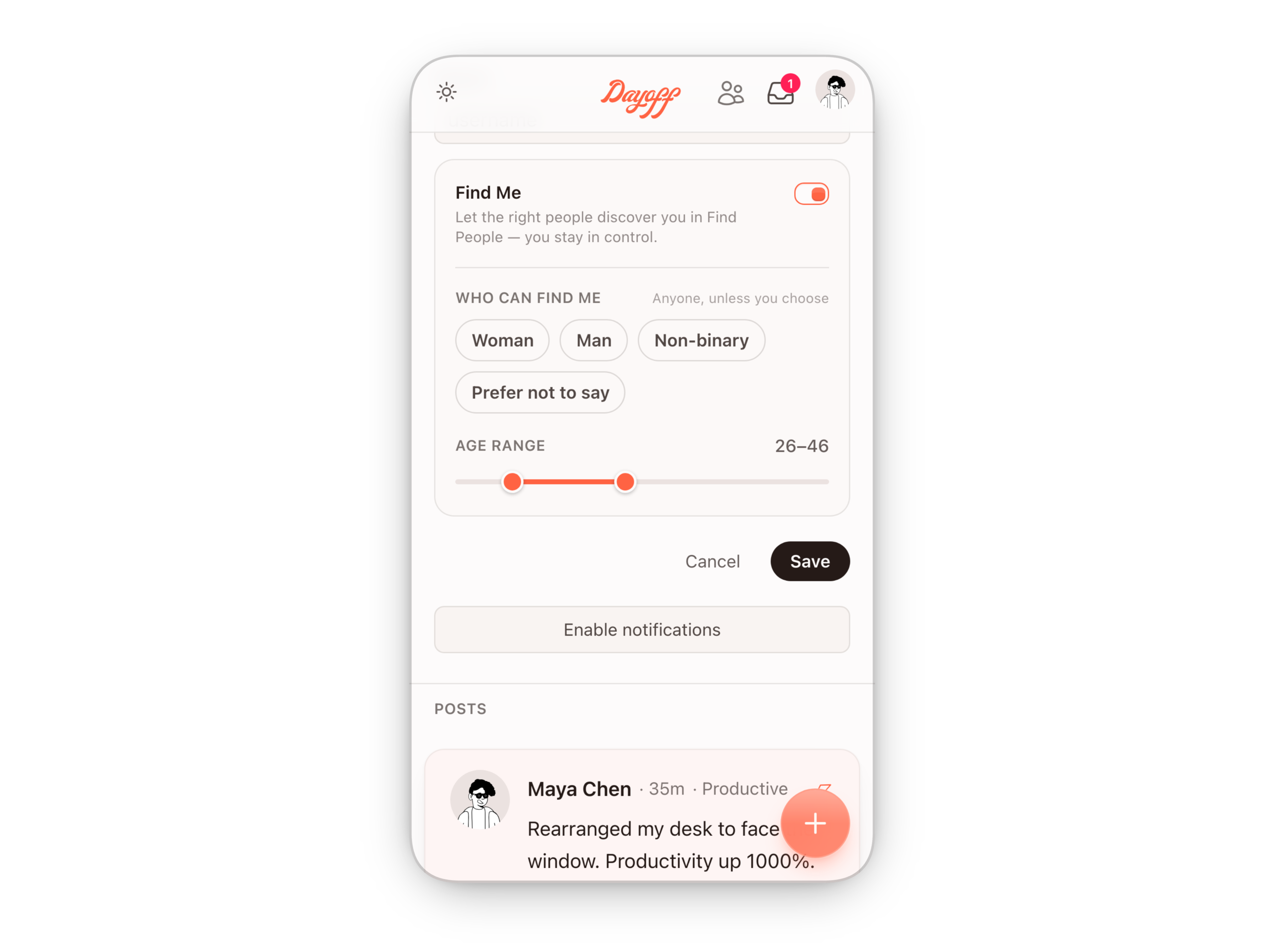 Setting your Find Me preferences in Dayoff — you decide who can reach you