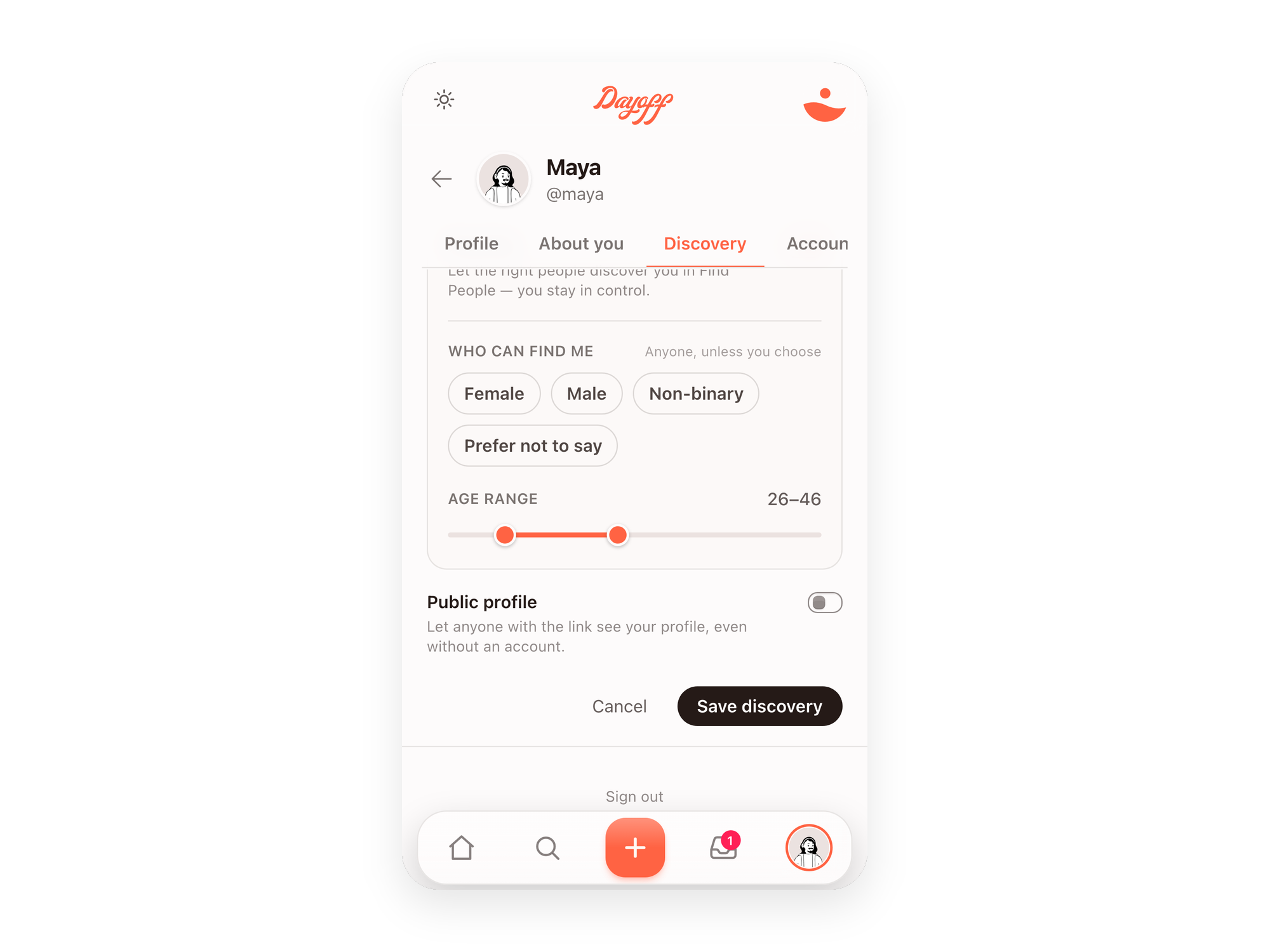 Setting your Find Me preferences in Dayoff — you decide who can reach you