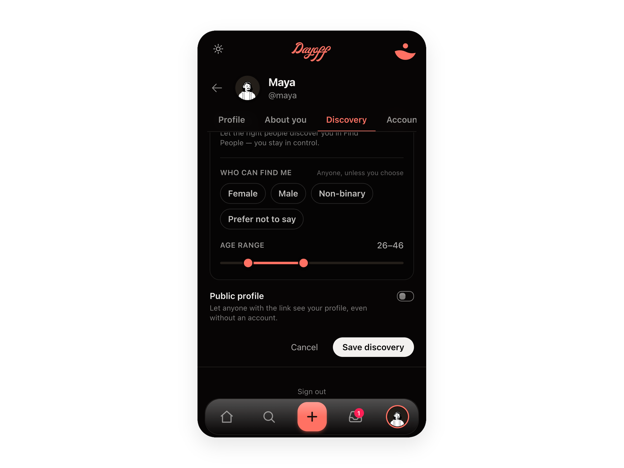 Setting your Find Me preferences in Dayoff — you decide who can reach you