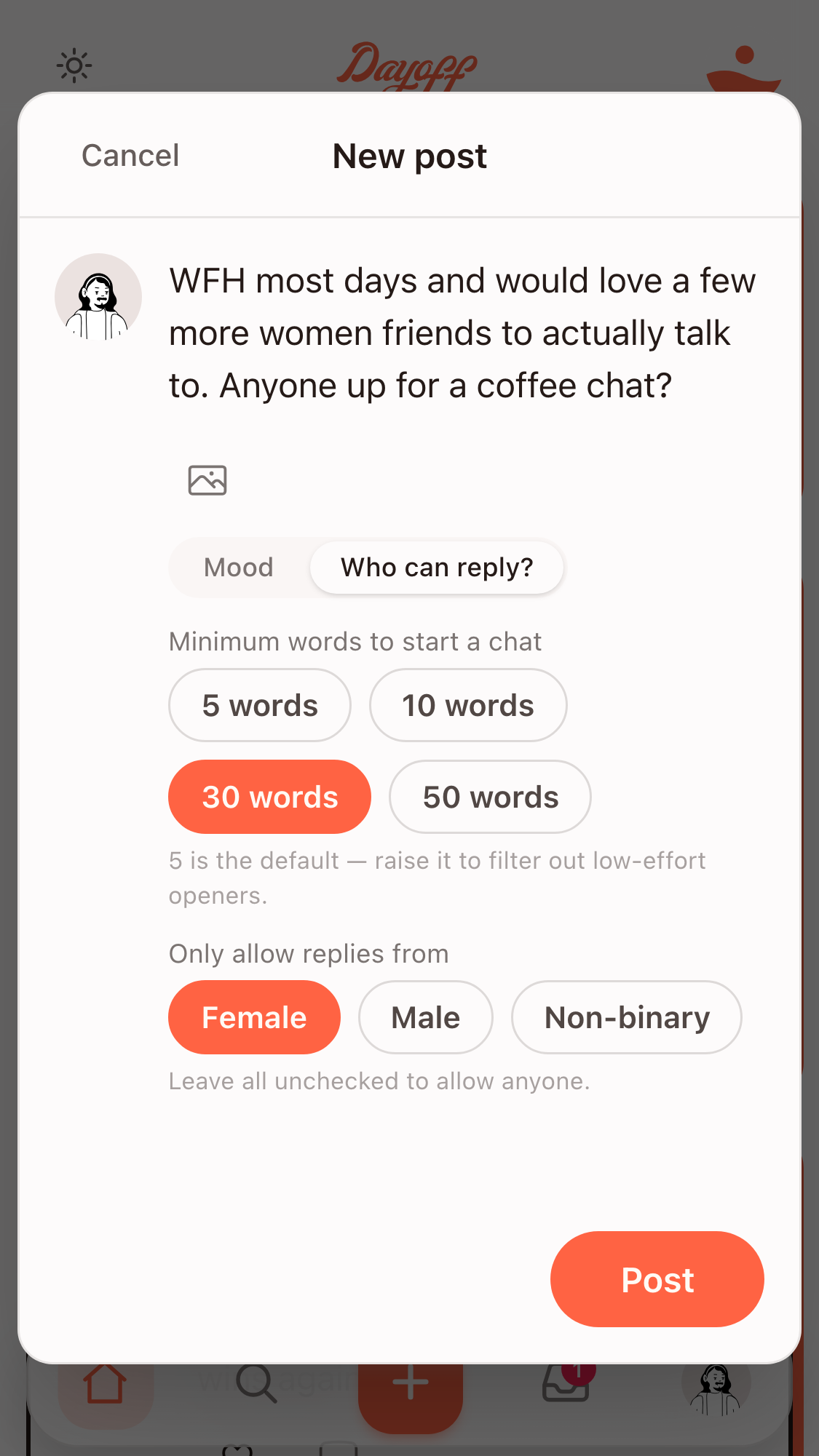 The Dayoff composer — choosing who can reply and the minimum effort to send a first message, before posting.