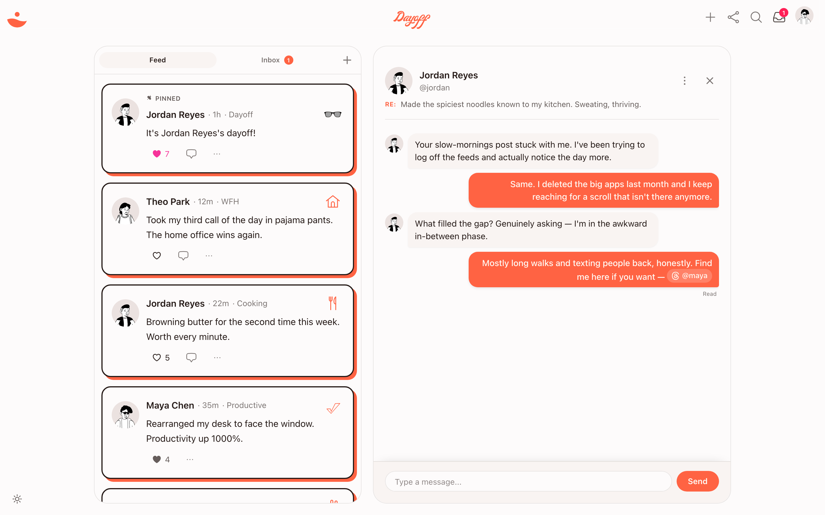 The Dayoff app — a quiet feed on the left, and the one-on-one conversation a post started on the right.