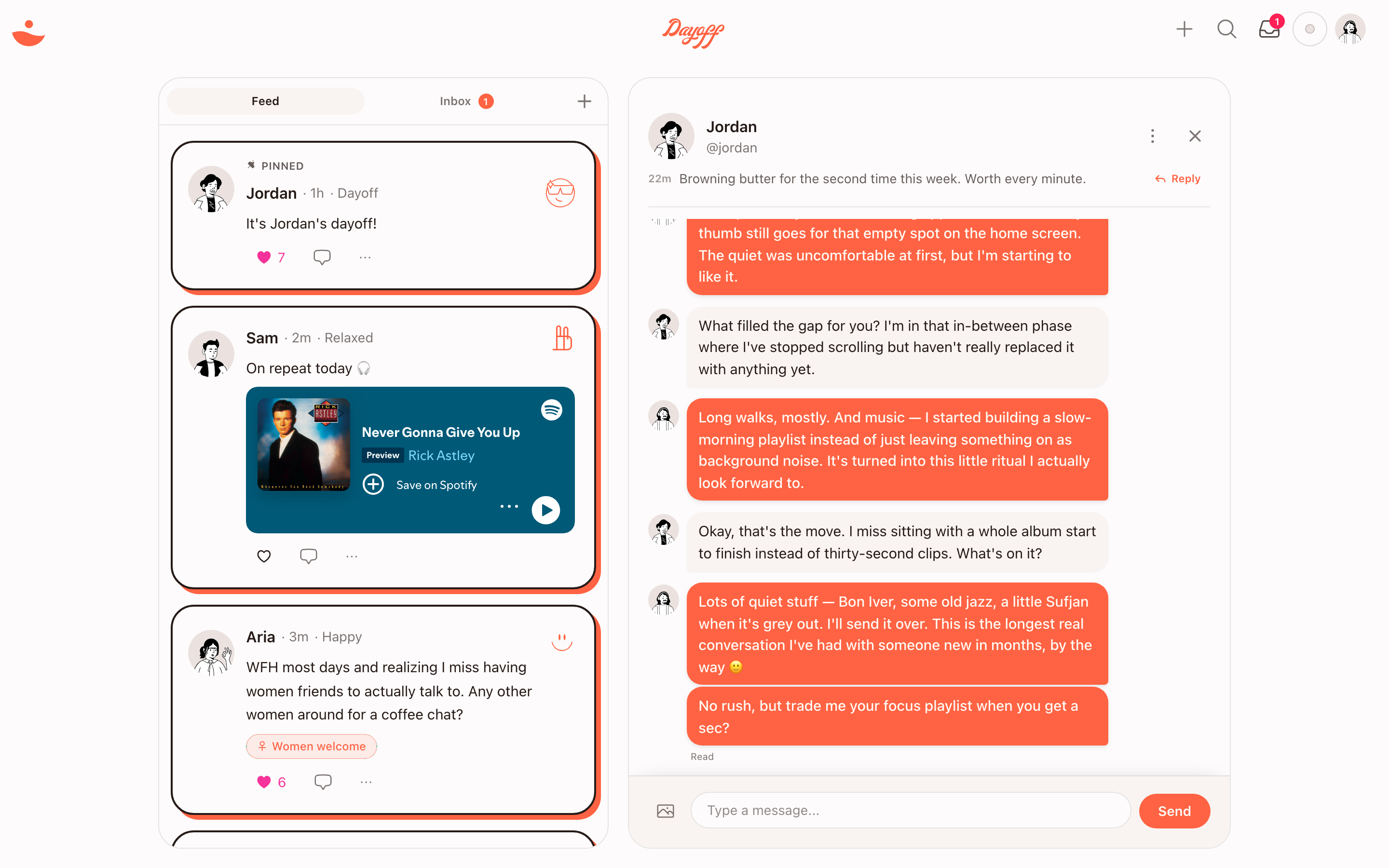 The Dayoff app on desktop — a quiet feed on the left, and the one-on-one conversation a post started on the right.