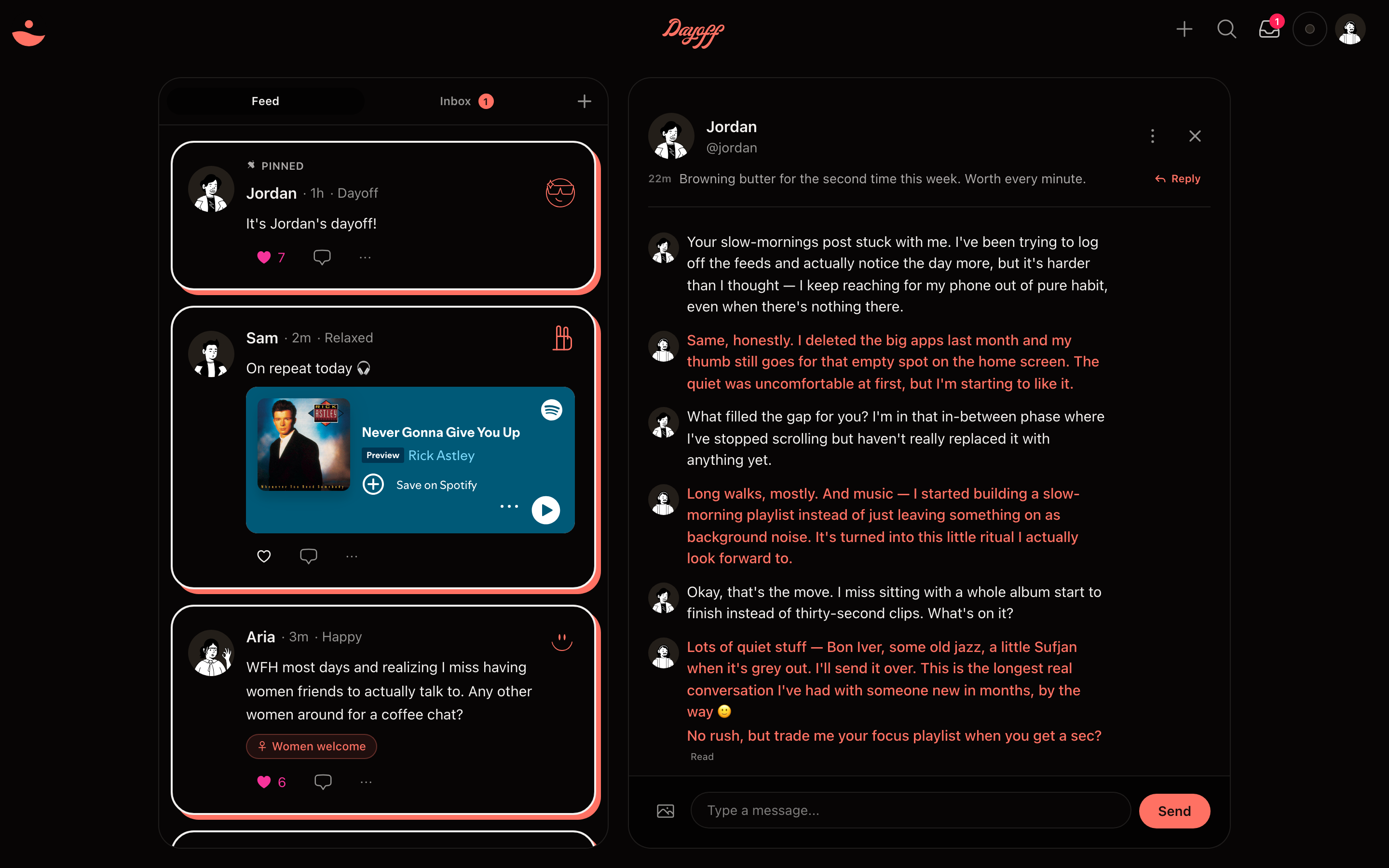 The Dayoff app on desktop — a quiet feed on the left, and the one-on-one conversation a post started on the right.