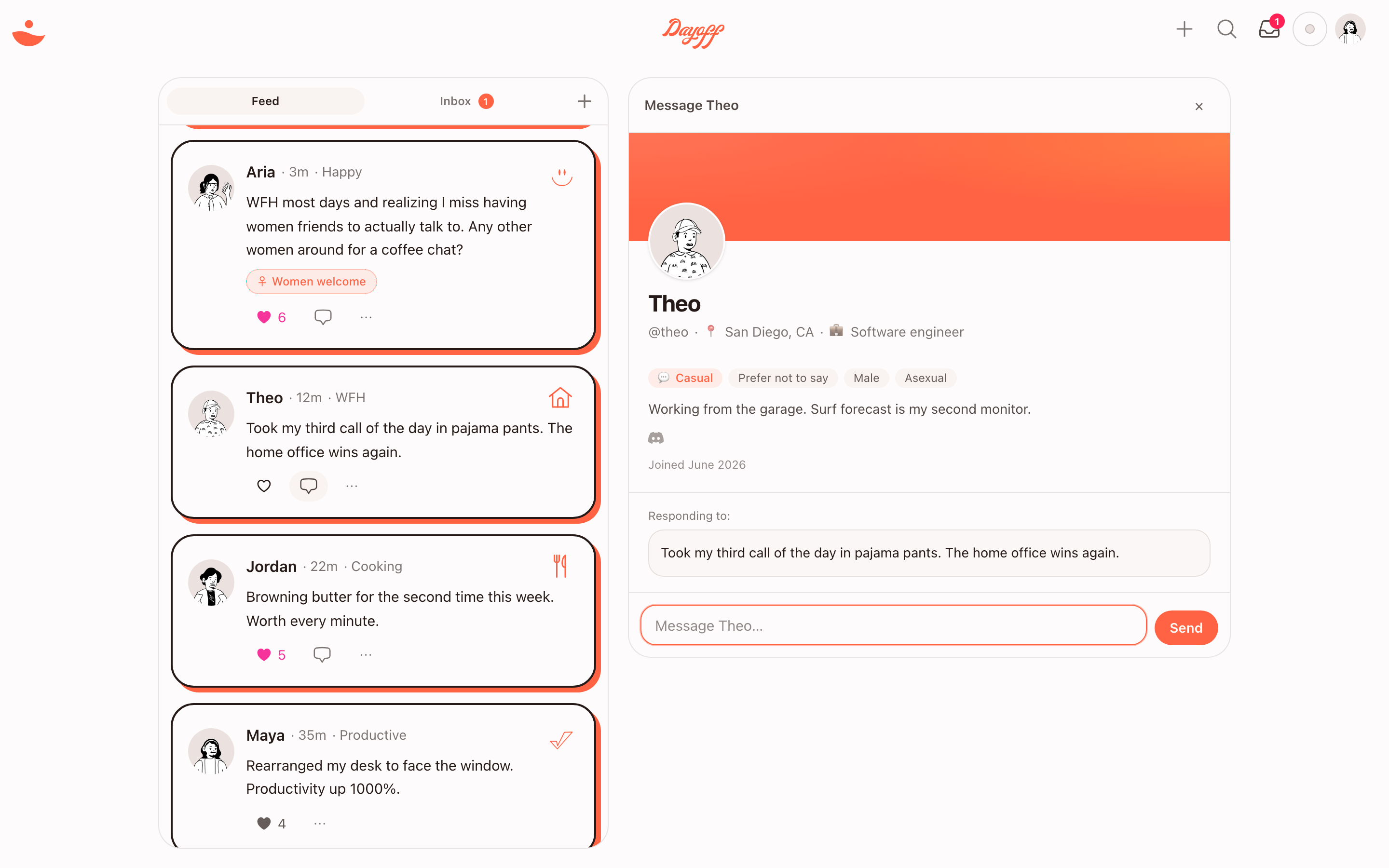 The Dayoff app on desktop — a quiet feed on the left, and on the right the profile of the one person a post is about to start a conversation with.