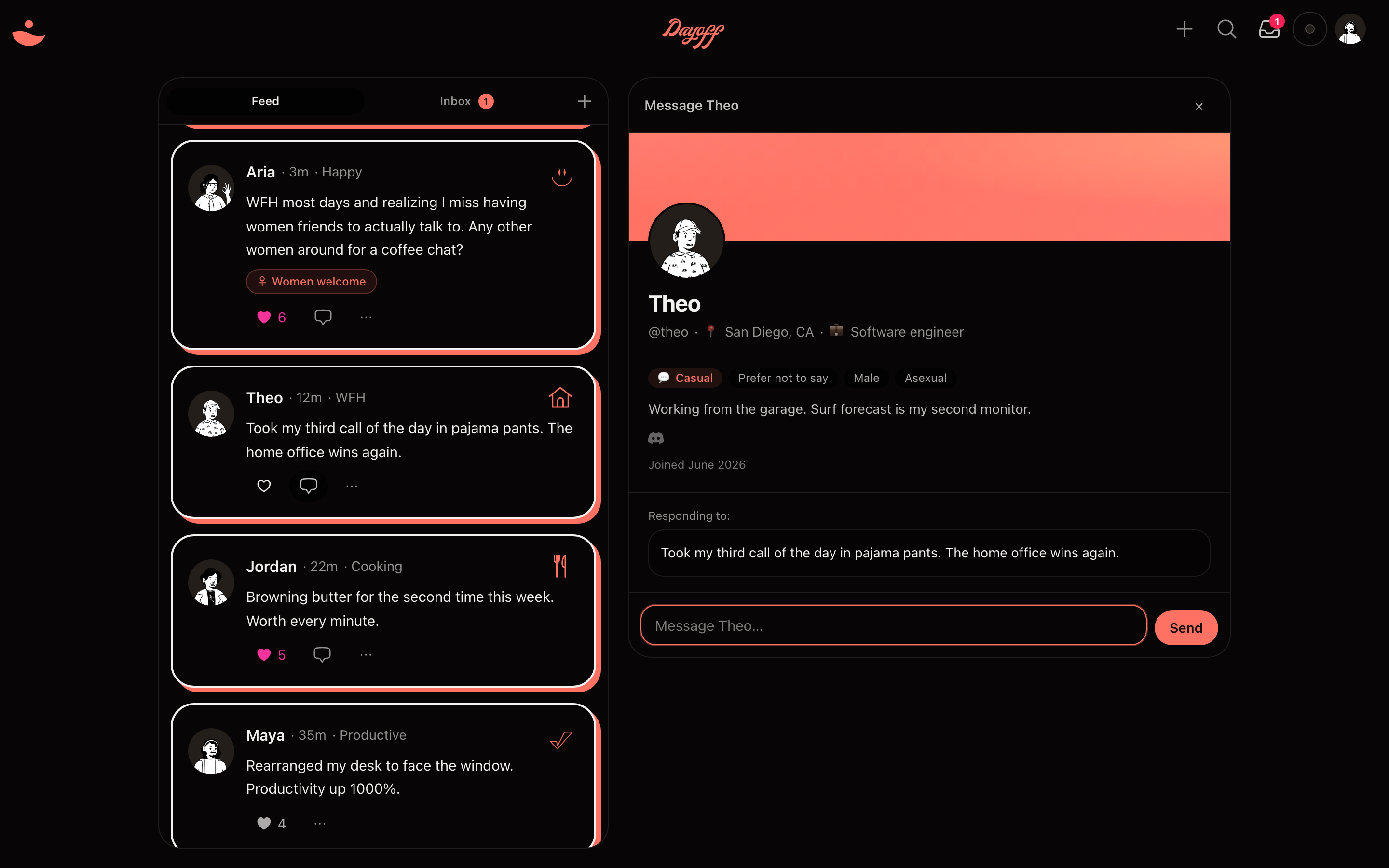The Dayoff app on desktop — a quiet feed on the left, and on the right the profile of the one person a post is about to start a conversation with.