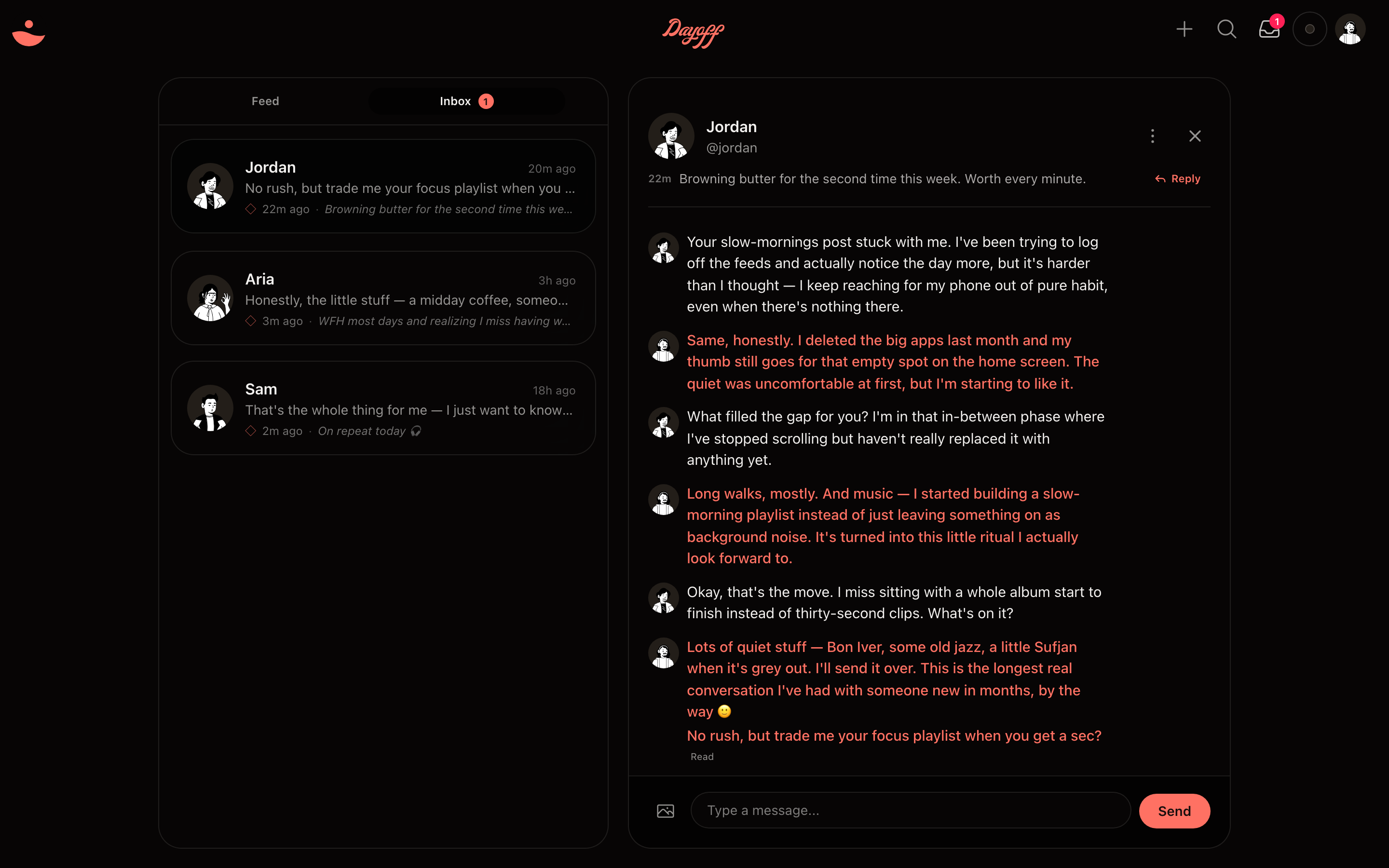 Dayoff on desktop — the inbox on the left beside a long one-on-one conversation that grew out of a shared song.
